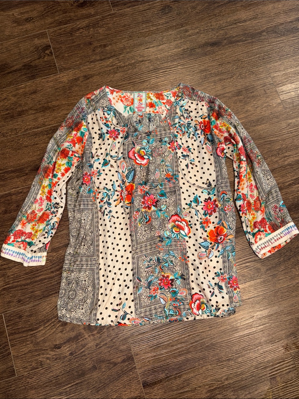 Johnny Was Cream Tunic with Floral Patchwork and Teal Accents